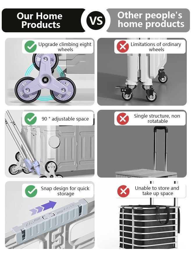 عربة تسوق قابلة للطي بسعة 75 لتر مع عجلات قابلة للتسلق، عربة تسوق قابلة للطي مع غطاء، عربة قابلة للطي لتسوق البقالة والتنقل وحمل الأمتعة والتخييم (بنفسجي) - Image 4