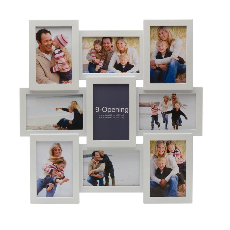 Melannco 18 x 18 Inch 9 Opening Photo Collage Frame Displays Four 4x6 and Five 6x4 Inch Photos White