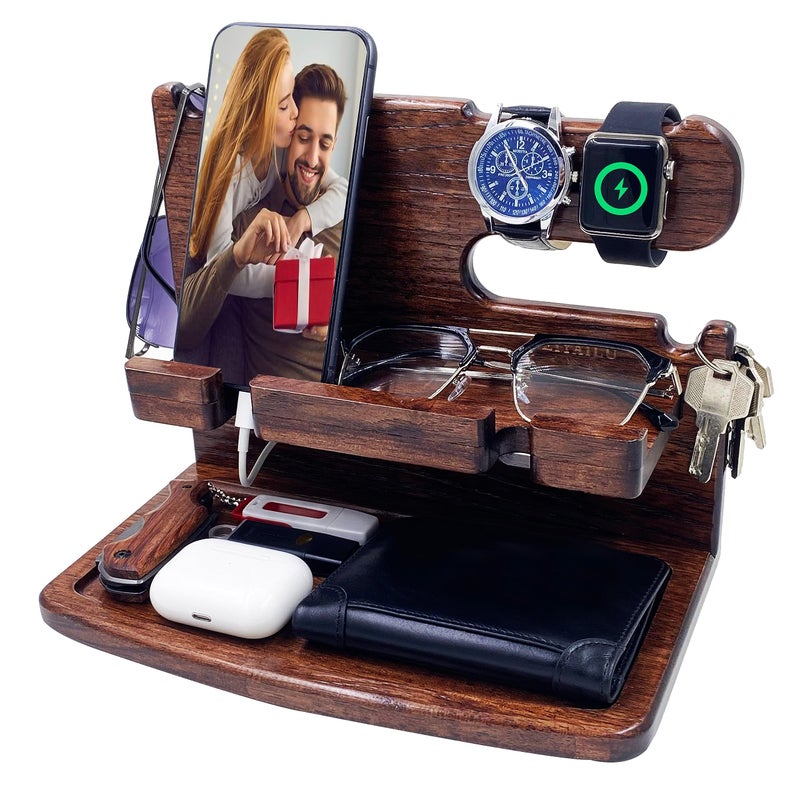 VEIYAILU Gifts for Men Women Dad Husband Boyfriend Wood Phone Docking Station Nightstand Organizer for Men Birthday Gifts (Dark Brown) - Image 1
