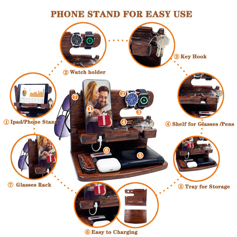 VEIYAILU Gifts for Men Women Dad Husband Boyfriend Wood Phone Docking Station Nightstand Organizer for Men Birthday Gifts (Dark Brown) - Image 4