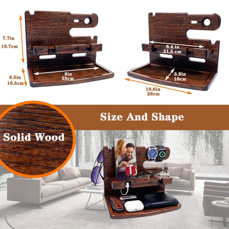 VEIYAILU Gifts for Men Women Dad Husband Boyfriend Wood Phone Docking Station Nightstand Organizer for Men Birthday Gifts (Dark Brown) - Image 3