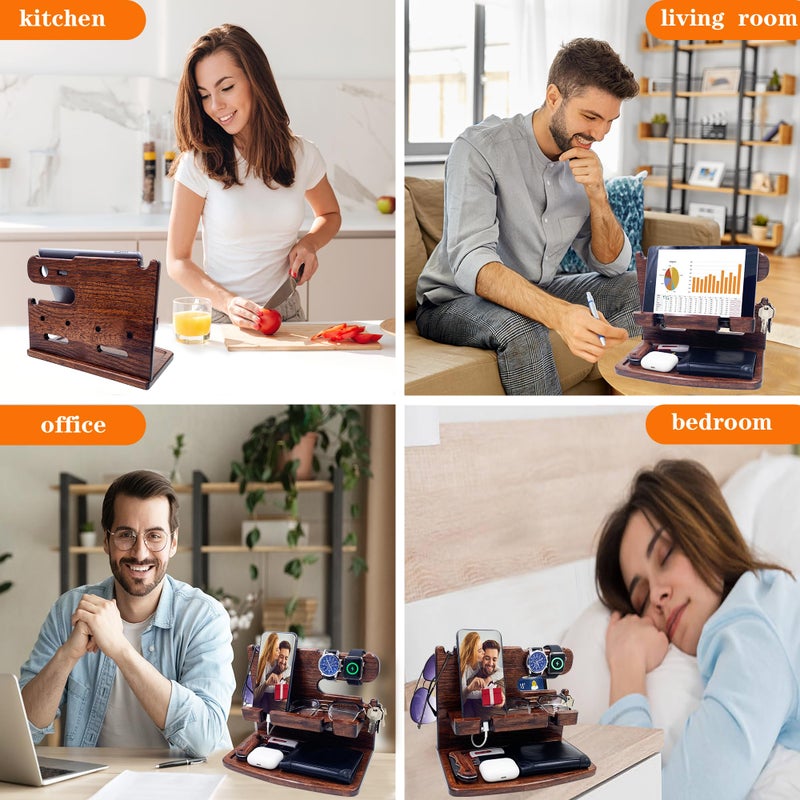VEIYAILU Gifts for Men Women Dad Husband Boyfriend Wood Phone Docking Station Nightstand Organizer for Men Birthday Gifts (Dark Brown) - Image 2