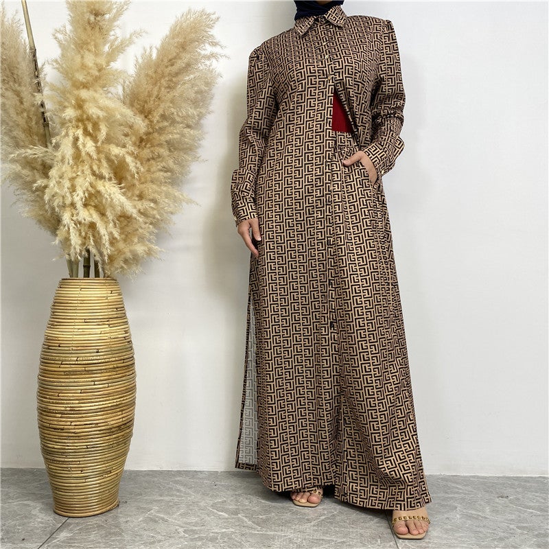 monica fashion Fashionable Printed Full-Button Long Cardigan with Casual Pocket Pants - 2-Piece Set - Image 1