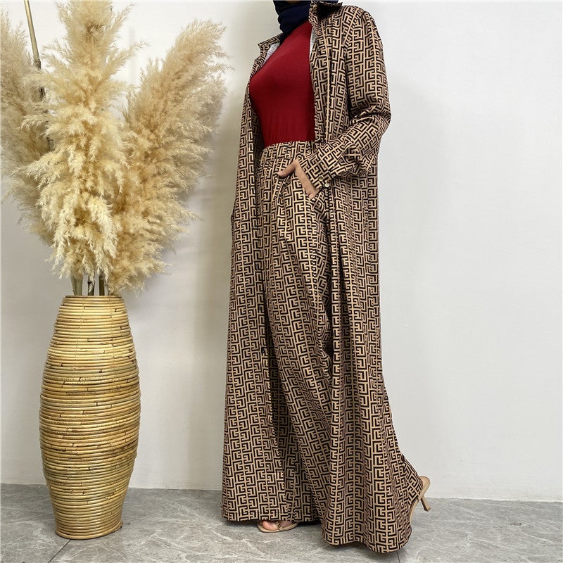 monica fashion Fashionable Printed Full-Button Long Cardigan with Casual Pocket Pants - 2-Piece Set - Image 2