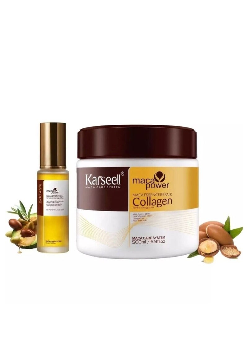 Karseell Karseell Collagen Hair Treatment - Deep Repair Mask 500ml - Argan Oil Hair Serum for Dry Damaged Hair 50ml - All Hair Types  - Image 1