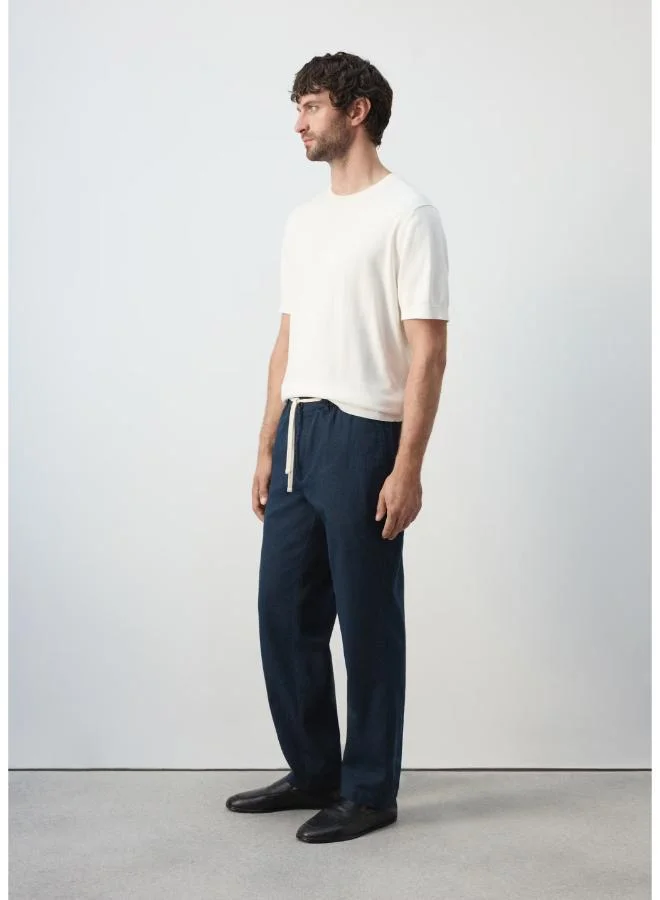 Mango Man 56-NAVY Relaxed Fit Cotton-Linen Blend Trousers for Men | Best Price UAE