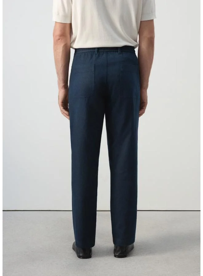 Mango Man 56-NAVY Relaxed Fit Cotton-Linen Blend Trousers for Men | Best Price UAE