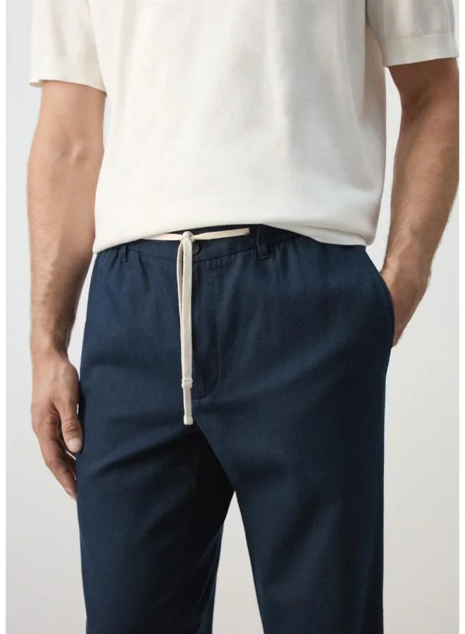 Mango Man 56-NAVY Relaxed Fit Cotton-Linen Blend Trousers for Men | Best Price UAE