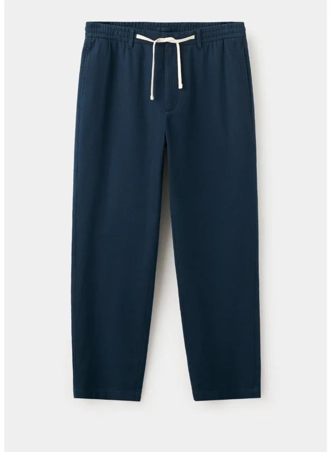 Mango Man 56-NAVY Relaxed Fit Cotton-Linen Blend Trousers for Men | Best Price UAE