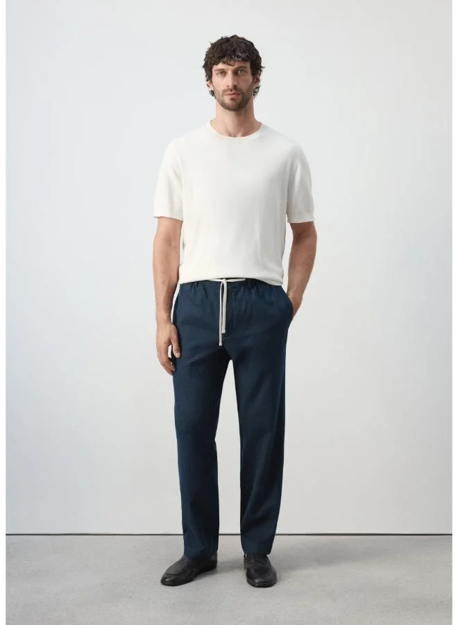 Mango Man 56-NAVY Relaxed Fit Cotton-Linen Blend Trousers for Men | Best Price UAE
