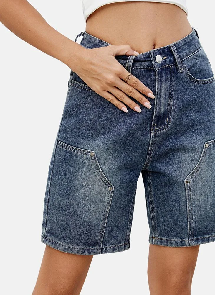 YUNIQEE Blue Mid Rise Plain Regular Fit Shorts