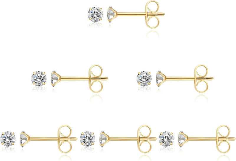 showself 14K Gold Filled Polished Small CZ Pearl Ball Stud Earrings Set for Women Men 20G Surgical Steel Hypoallergenic Piercing Studs for Sensitive Ear, Pack of 6 Pairs - Image 1