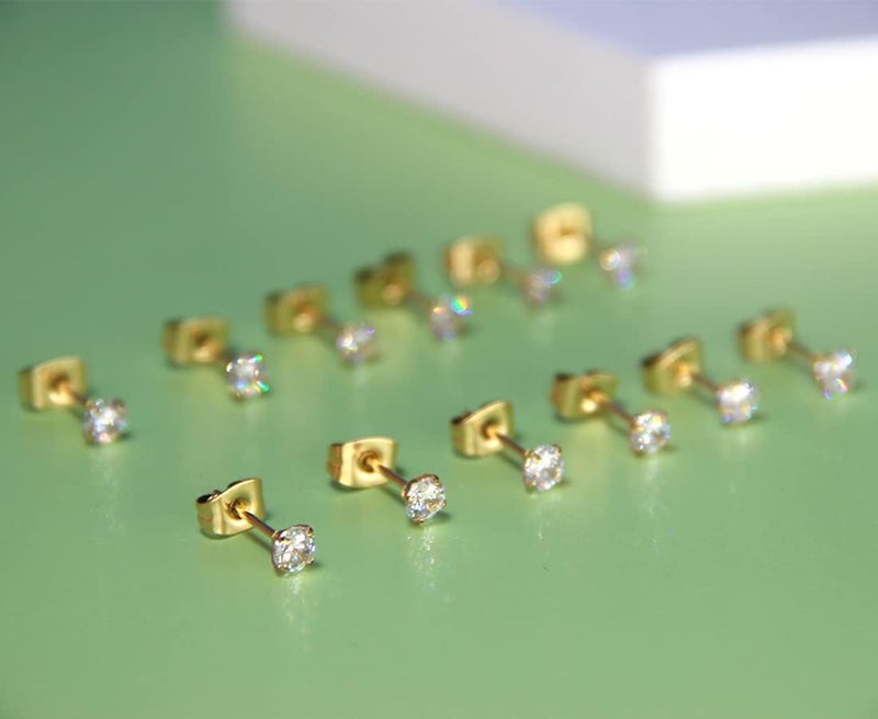 showself 14K Gold Filled Polished Small CZ Pearl Ball Stud Earrings Set for Women Men 20G Surgical Steel Hypoallergenic Piercing Studs for Sensitive Ear, Pack of 6 Pairs - Image 2