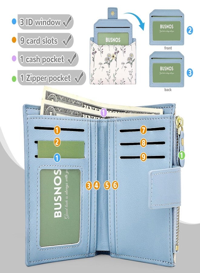 Busnos Women's Wallet Small Wallets for Women Cute Flower Ladies Women's Wallets Blue Bifold Wallet Womens With Zipper Coin Pocket Purses Card Holder Women - Image 3