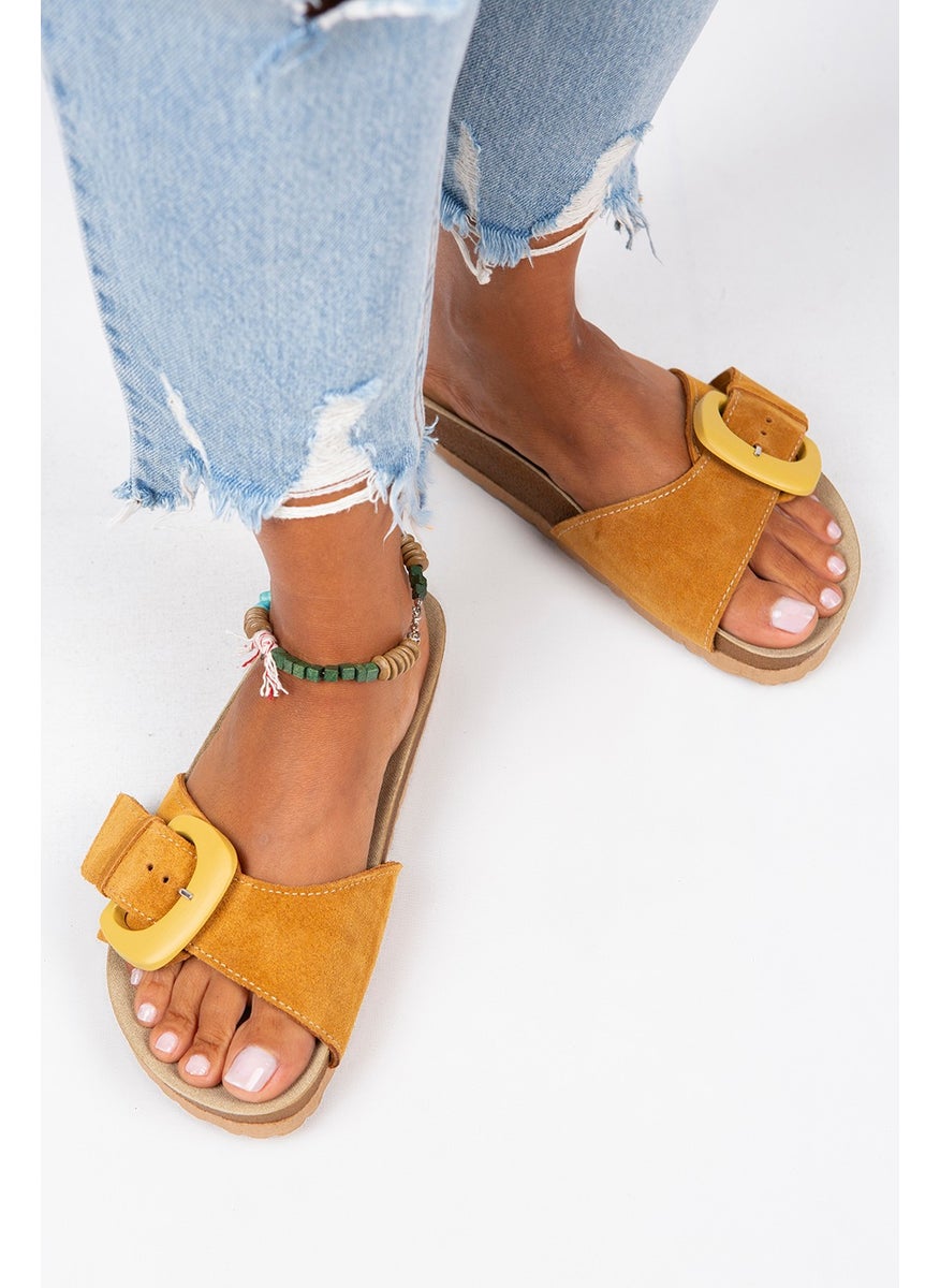 Manijero Manjero Alandra Women's Genuine Leather Single Strap Mustard Slippers  - Image 1