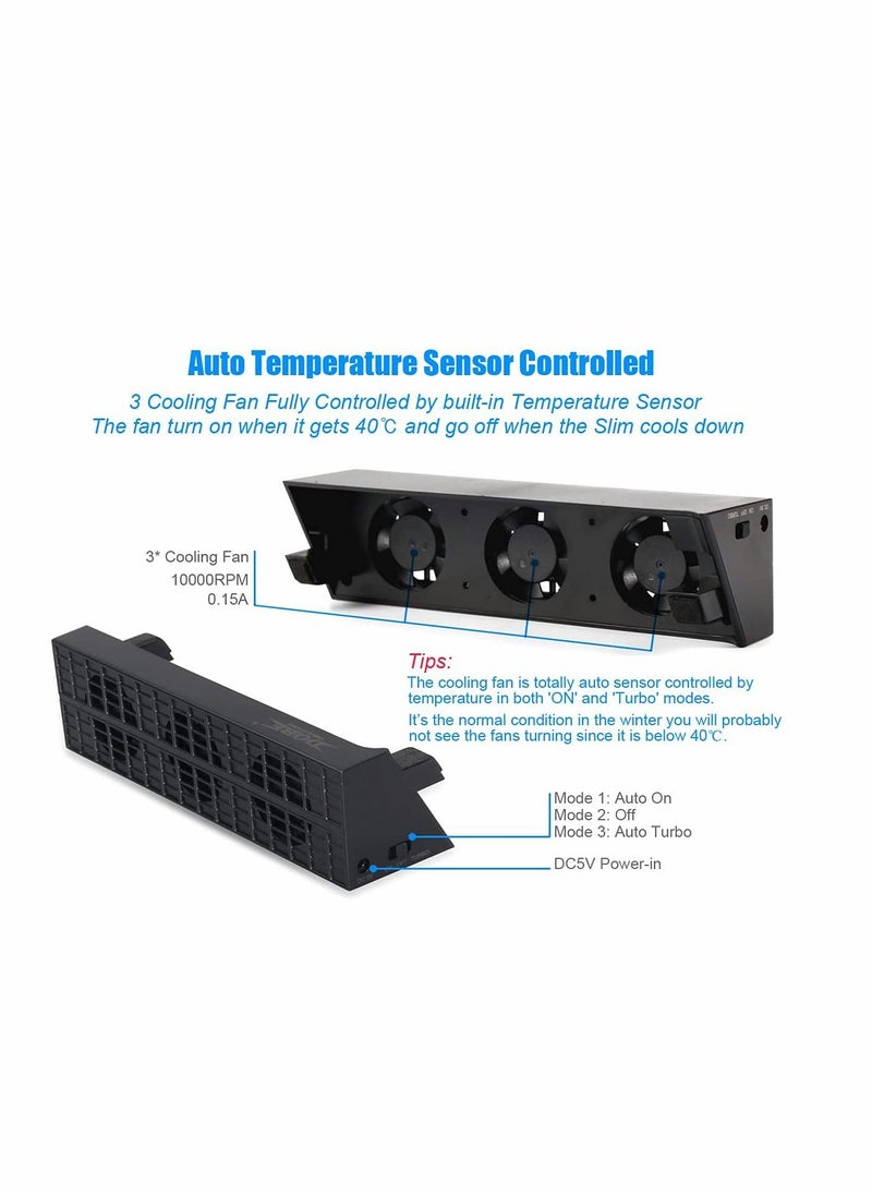 2-in-1 Turbo Cooling Fan & USB Hub Combo Kit for PS4 Slim - ELECDON Auto Temperature Controlled Heat Exhaust Cooler, 4-Port USB3.0 Expansion Adapter Charger Controller Splitter for Playstation Slim