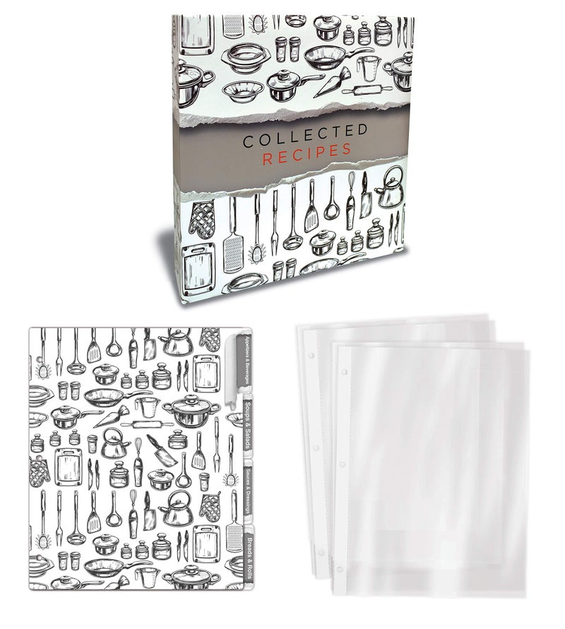 Better Kitchen Products Recipe Binder, Full Page 3 Ring Standard Binder Organizer Set (with 50 Page Protectors & 12 Category Divider Tabs) 11.5" x 12" Sleek Kitchen Design - Image 2