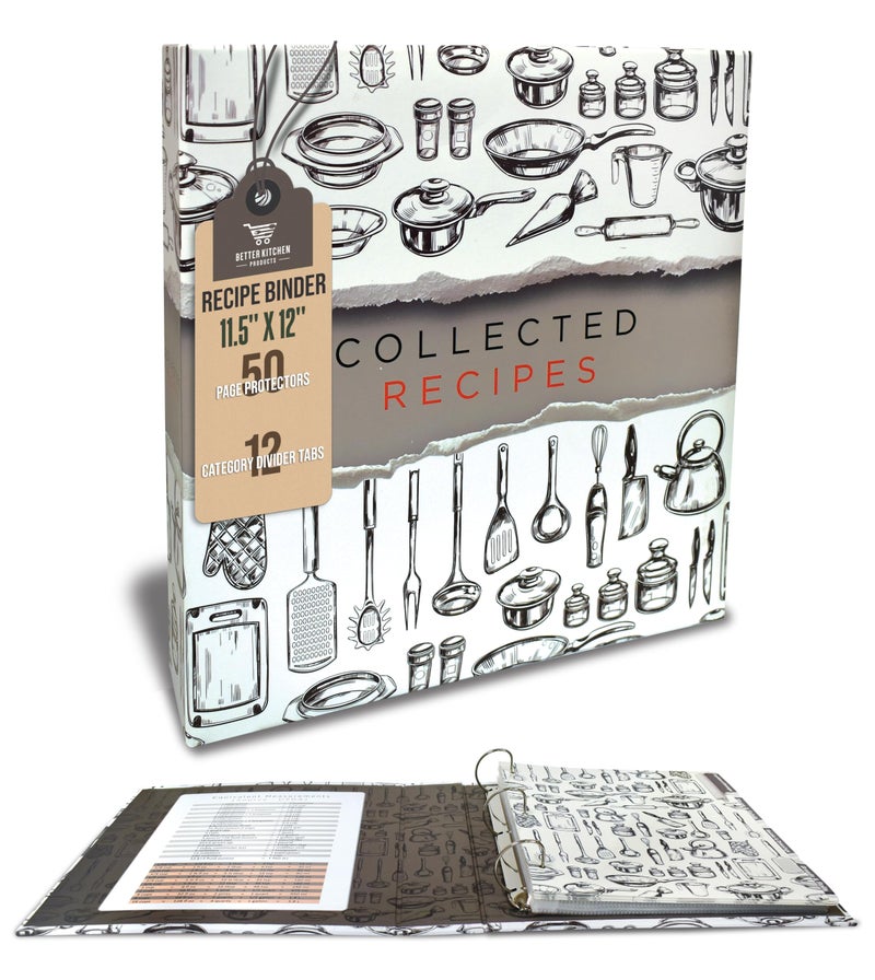 Better Kitchen Products Recipe Binder, Full Page 3 Ring Standard Binder Organizer Set (with 50 Page Protectors & 12 Category Divider Tabs) 11.5" x 12" Sleek Kitchen Design - Image 1