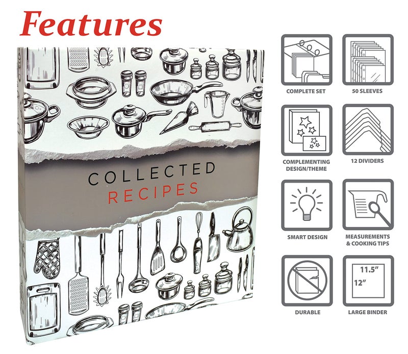 Better Kitchen Products Recipe Binder, Full Page 3 Ring Standard Binder Organizer Set (with 50 Page Protectors & 12 Category Divider Tabs) 11.5" x 12" Sleek Kitchen Design - Image 3
