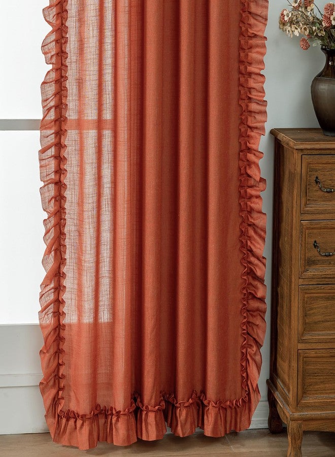 TERLYTEX Rust Orange Linen Curtains 84 Inches Long 2 Panels Autumn Fall Farmhouse Scalloped Curtains for Bedroom Living Room, Rod Pocket Privacy Cottage Ruffled Curtain Semi-Sheer Window Drapes, W58 x L84 Inch - Image 5
