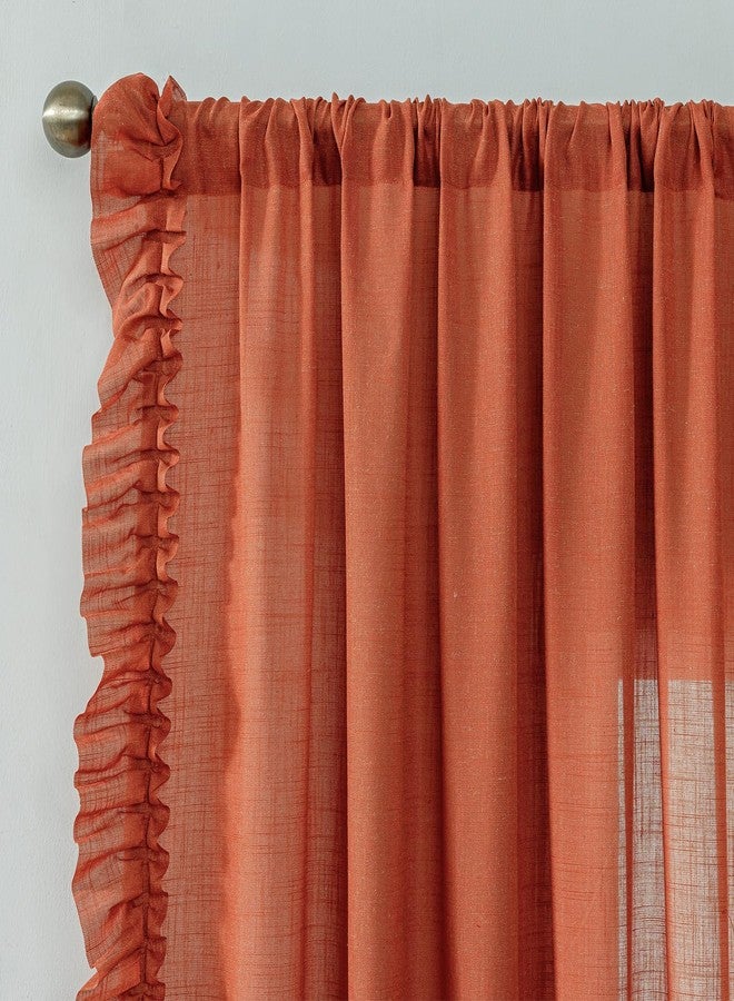 TERLYTEX Rust Orange Linen Curtains 84 Inches Long 2 Panels Autumn Fall Farmhouse Scalloped Curtains for Bedroom Living Room, Rod Pocket Privacy Cottage Ruffled Curtain Semi-Sheer Window Drapes, W58 x L84 Inch - Image 2