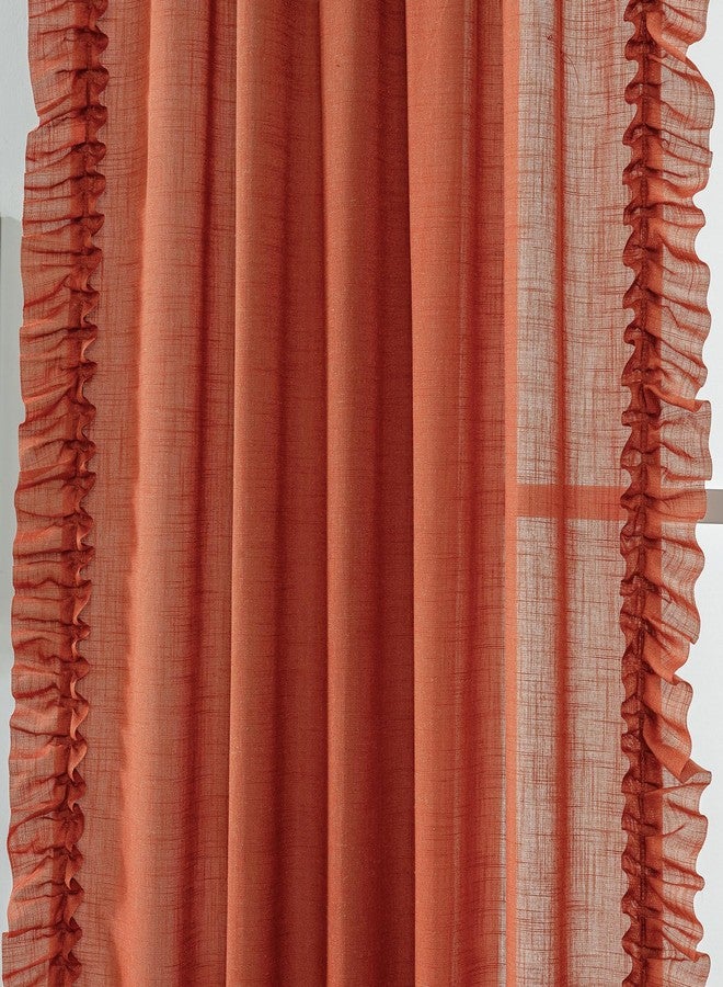 TERLYTEX Rust Orange Linen Curtains 84 Inches Long 2 Panels Autumn Fall Farmhouse Scalloped Curtains for Bedroom Living Room, Rod Pocket Privacy Cottage Ruffled Curtain Semi-Sheer Window Drapes, W58 x L84 Inch - Image 3