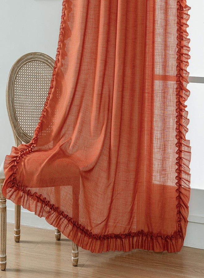 TERLYTEX Rust Orange Linen Curtains 84 Inches Long 2 Panels Autumn Fall Farmhouse Scalloped Curtains for Bedroom Living Room, Rod Pocket Privacy Cottage Ruffled Curtain Semi-Sheer Window Drapes, W58 x L84 Inch - Image 4