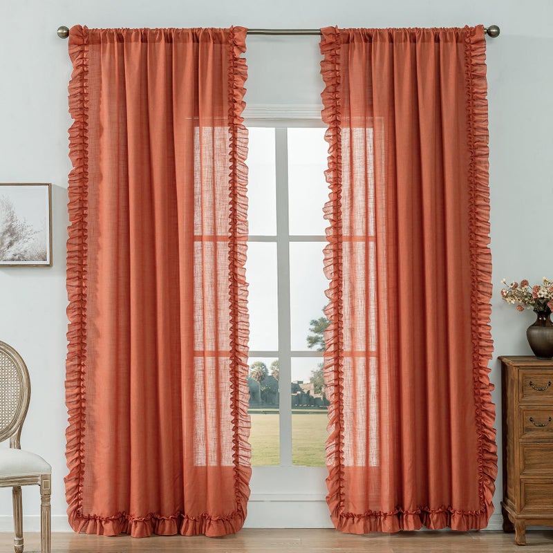 TERLYTEX Rust Orange Linen Curtains 84 Inches Long 2 Panels Autumn Fall Farmhouse Scalloped Curtains for Bedroom Living Room, Rod Pocket Privacy Cottage Ruffled Curtain Semi-Sheer Window Drapes, W58 x L84 Inch - Image 1