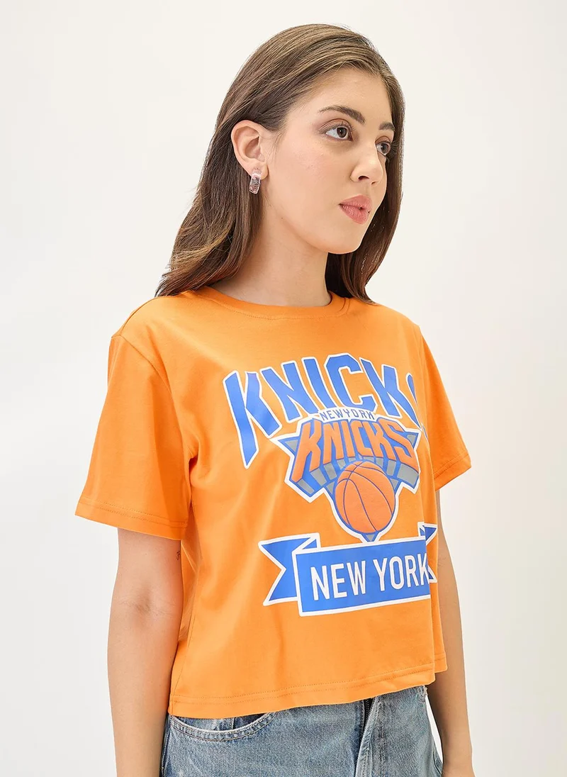 globus Globus Women Typography Printed Round Neck Cotton Oversized Trendy Crop T-Shirt