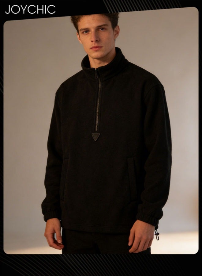 Joychic Classic Solid Color Long Sleeve Half Zipped Pullover Hoodie Autumn and Winter Outdoor Warm Sweatshirt  for Men Black - Image 1