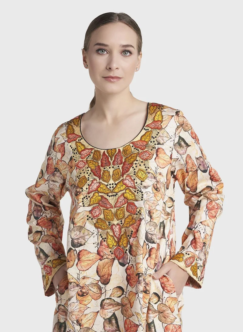 كشخة Multi Colour Stone Work Cotton Satin Leaf Printed Jalabiya (VG3282)
