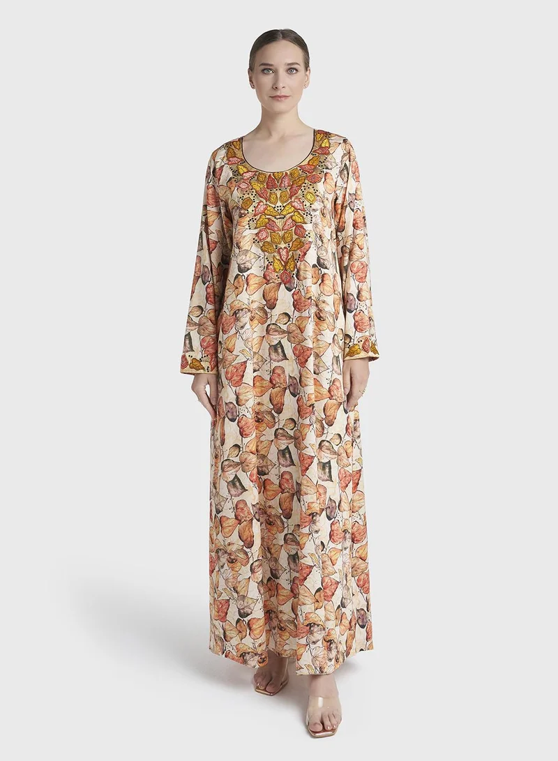 كشخة Multi Colour Stone Work Cotton Satin Leaf Printed Jalabiya (VG3282)