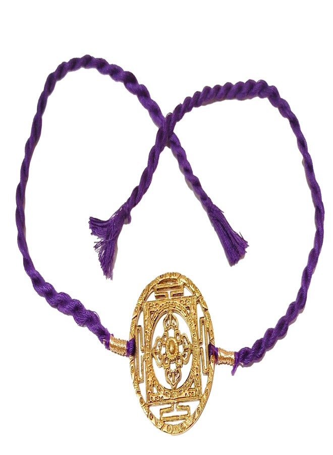 athizay Brass Rakhi with purple thread colour of The Third Eye Chakra For Bhaiya Rakhis Cutwork Brass Dial for Rakshabandhan - Image 1