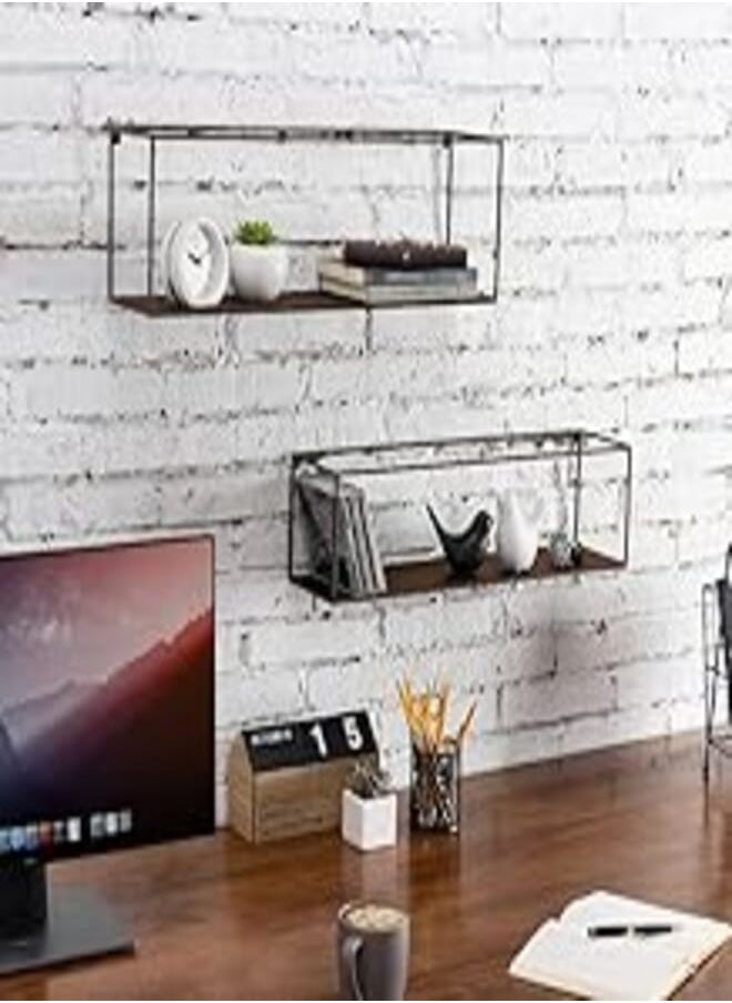 Home Gallery Black Metal Wall-Mounted Rectangular Display Shelf 60x20x15 - Brown 