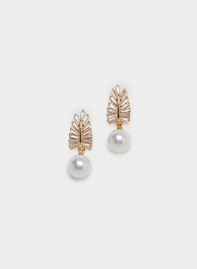 Styli Faux Pearl Drop Leaf Dangle Earrings - Image 1
