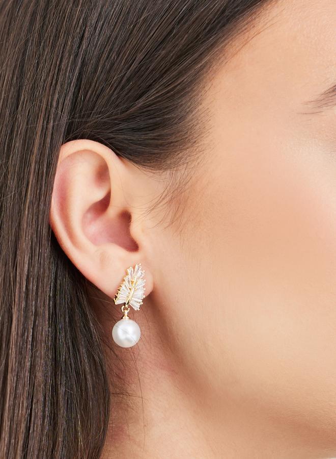 Styli Faux Pearl Drop Leaf Dangle Earrings - Image 2