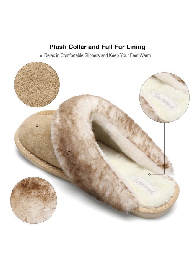 Besroad Winter Fuzzy House Slippers Sandals Plush Faux Fur Fluffy Flats Slippers Warm Slide Shoes for Women, Brown, 10-11 - Image 3