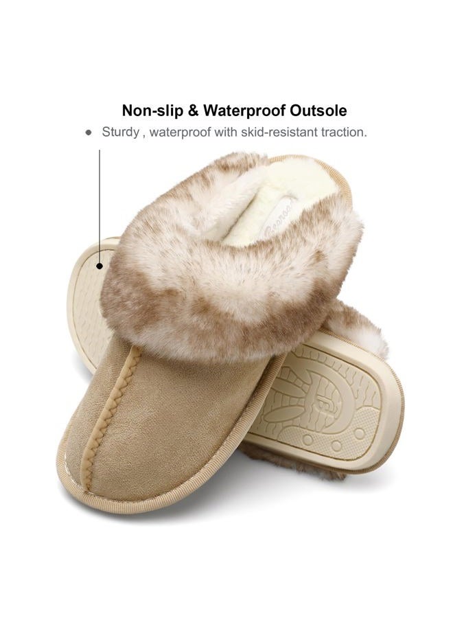 Besroad Winter Fuzzy House Slippers Sandals Plush Faux Fur Fluffy Flats Slippers Warm Slide Shoes for Women, Brown, 10-11 - Image 5