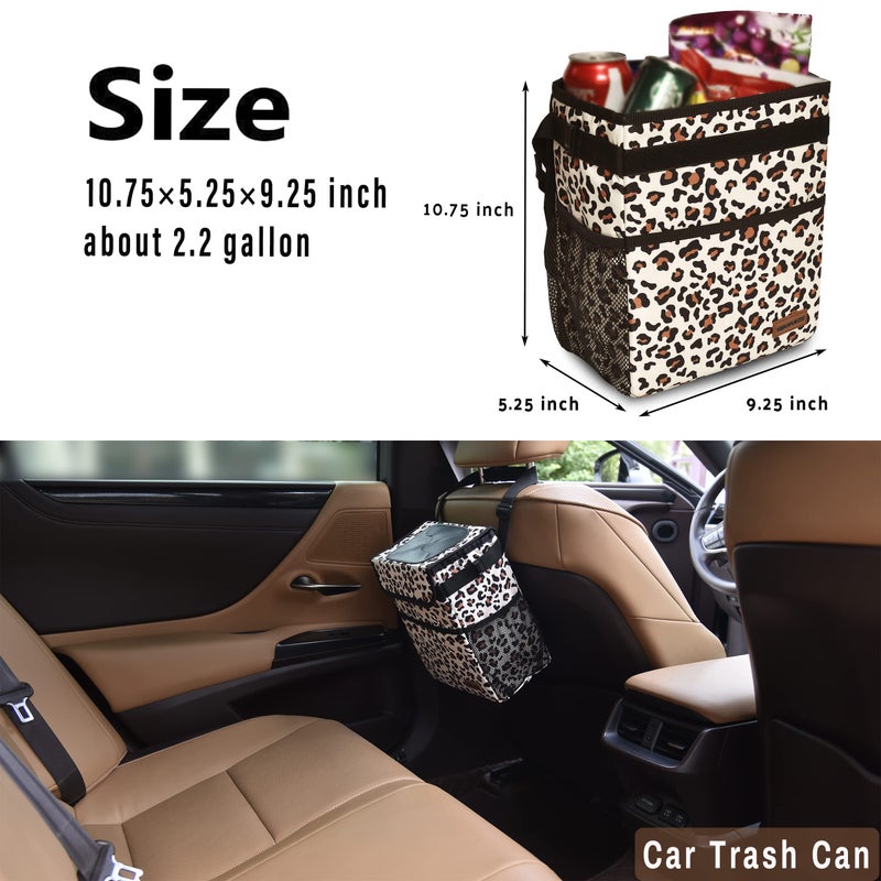 SIBOFUEGO Cute Car Trash Can with Lid â€“ Multipurpose Collapsible Trash Bin for Car, Leak-Proof Organizer, Waterproof Garbage Can with Storage Pockets & Adjustable Straps, 2 Gallons (Leopard Print) - Image 3
