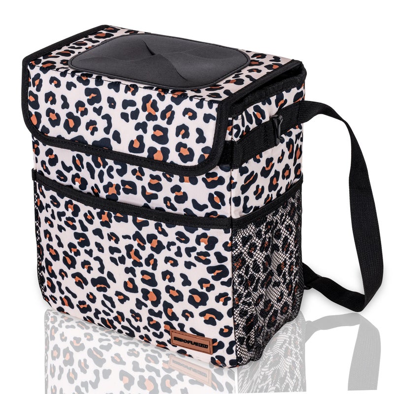 SIBOFUEGO Cute Car Trash Can with Lid â€“ Multipurpose Collapsible Trash Bin for Car, Leak-Proof Organizer, Waterproof Garbage Can with Storage Pockets & Adjustable Straps, 2 Gallons (Leopard Print) - Image 1