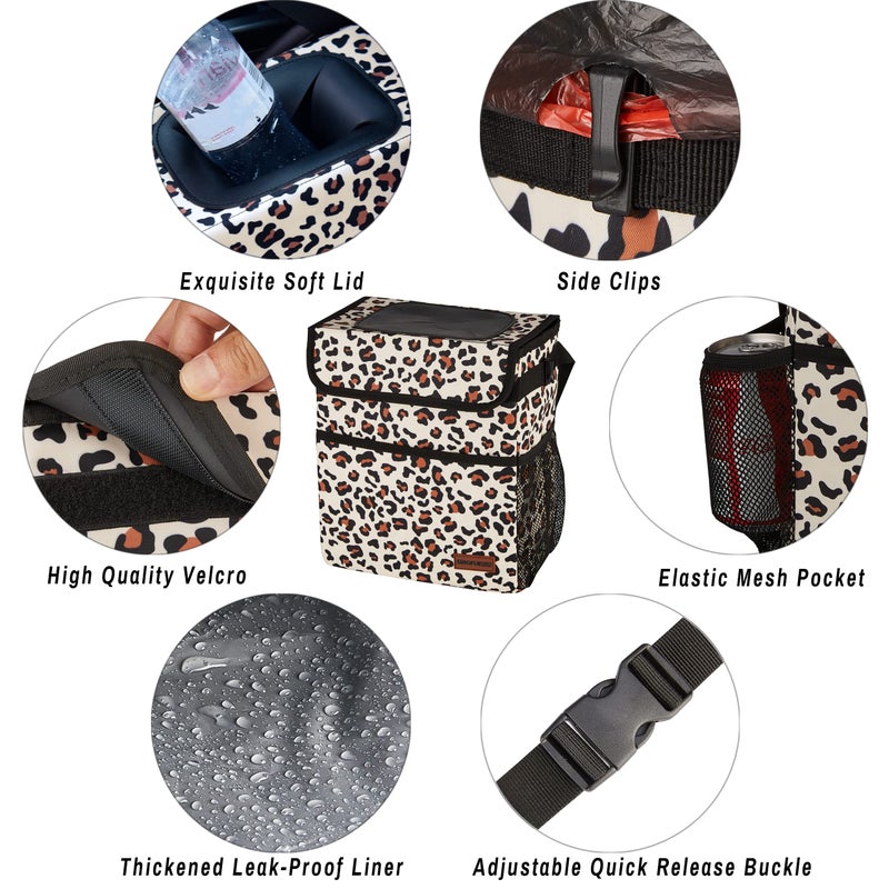 SIBOFUEGO Cute Car Trash Can with Lid â€“ Multipurpose Collapsible Trash Bin for Car, Leak-Proof Organizer, Waterproof Garbage Can with Storage Pockets & Adjustable Straps, 2 Gallons (Leopard Print) - Image 5