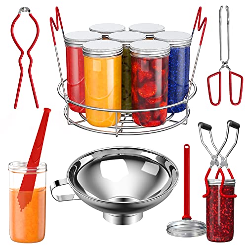 Pisol Canning Supplies Starter Kit, 7 Piece Canning Tools Set with Stainless Steel Rack, Wide Mouth Funnel, Kitchen Tongs, Jar Lifter, Magnetic Lid Lifter, jar Wrench, Bubble Popper - Image 1