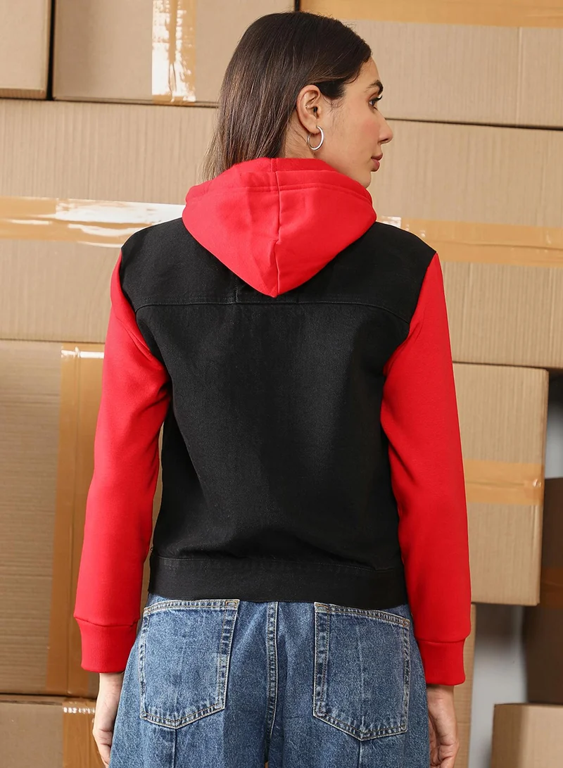 Campus Sutra Women's Midnight Black & Candy Red Dark-Wash Block Denim Jacket