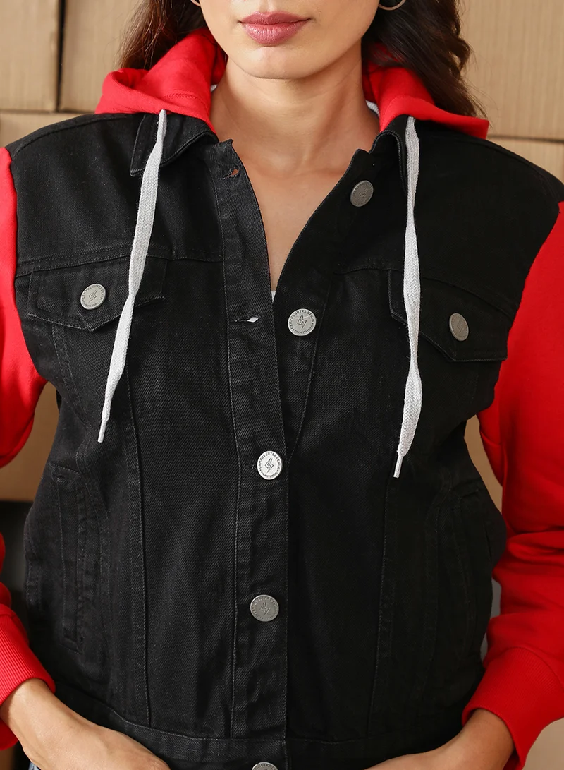 Campus Sutra Women's Midnight Black & Candy Red Dark-Wash Block Denim Jacket