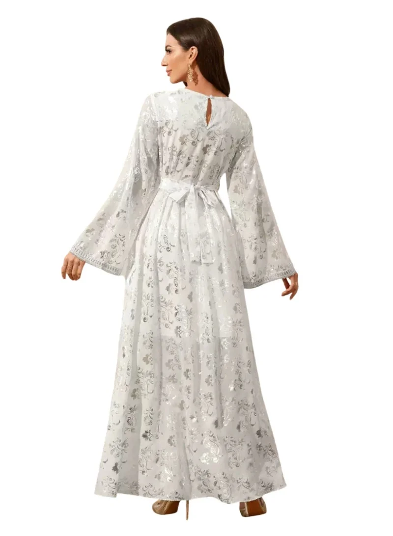 Bidani  White and Silver Floral Jacquard Jalabiya for Women | Best Price UAE