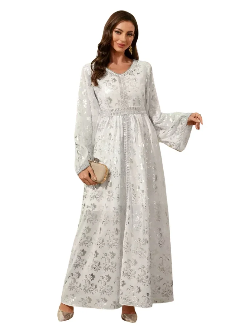 Bidani  White and Silver Floral Jacquard Jalabiya for Women | Best Price UAE