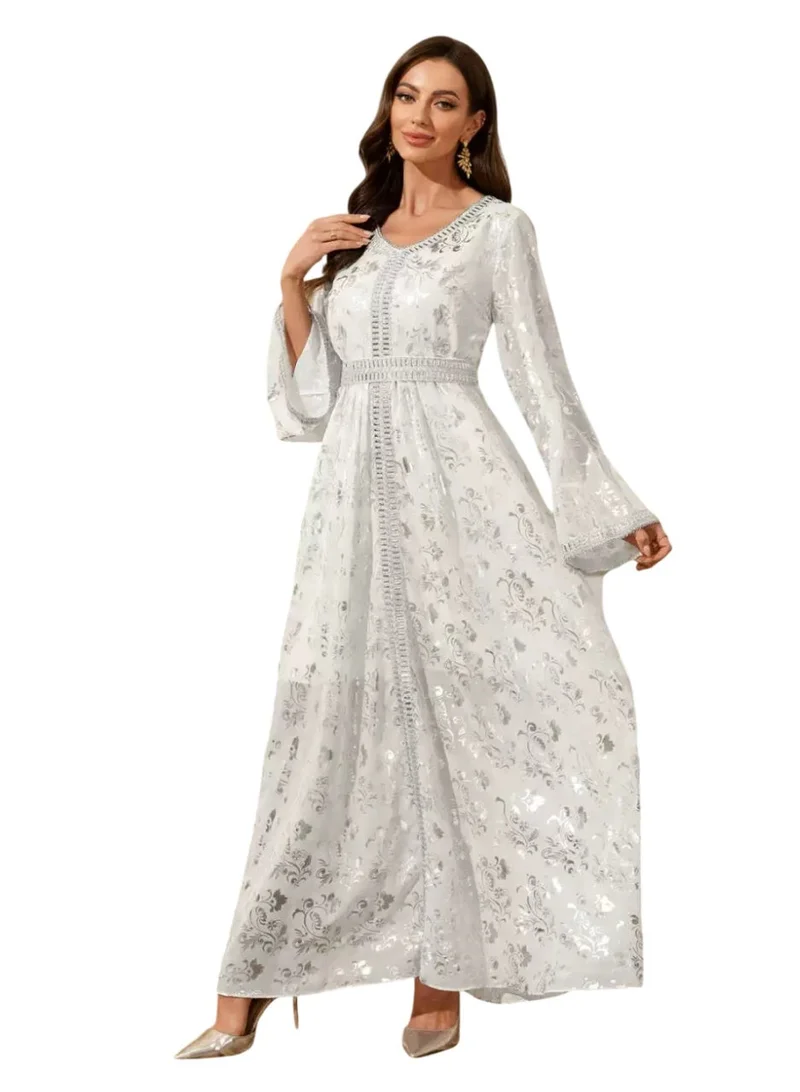 Bidani  White and Silver Floral Jacquard Jalabiya for Women | Best Price UAE