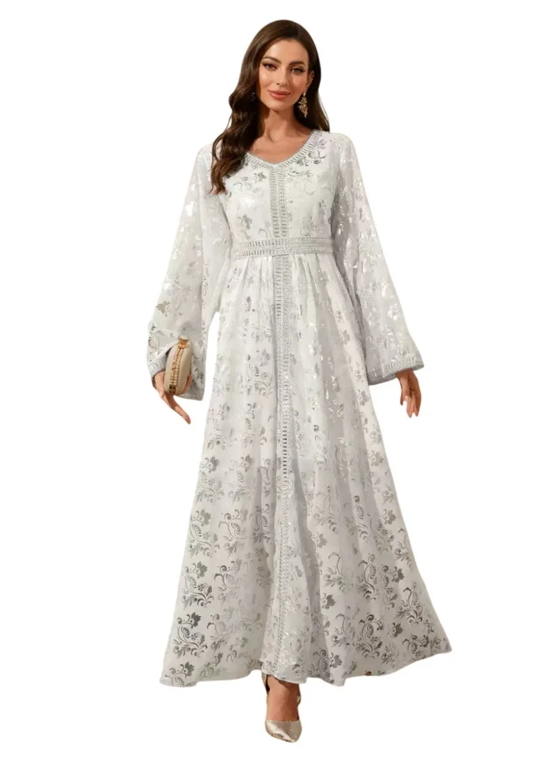 Bidani  White and Silver Floral Jacquard Jalabiya for Women | Best Price UAE