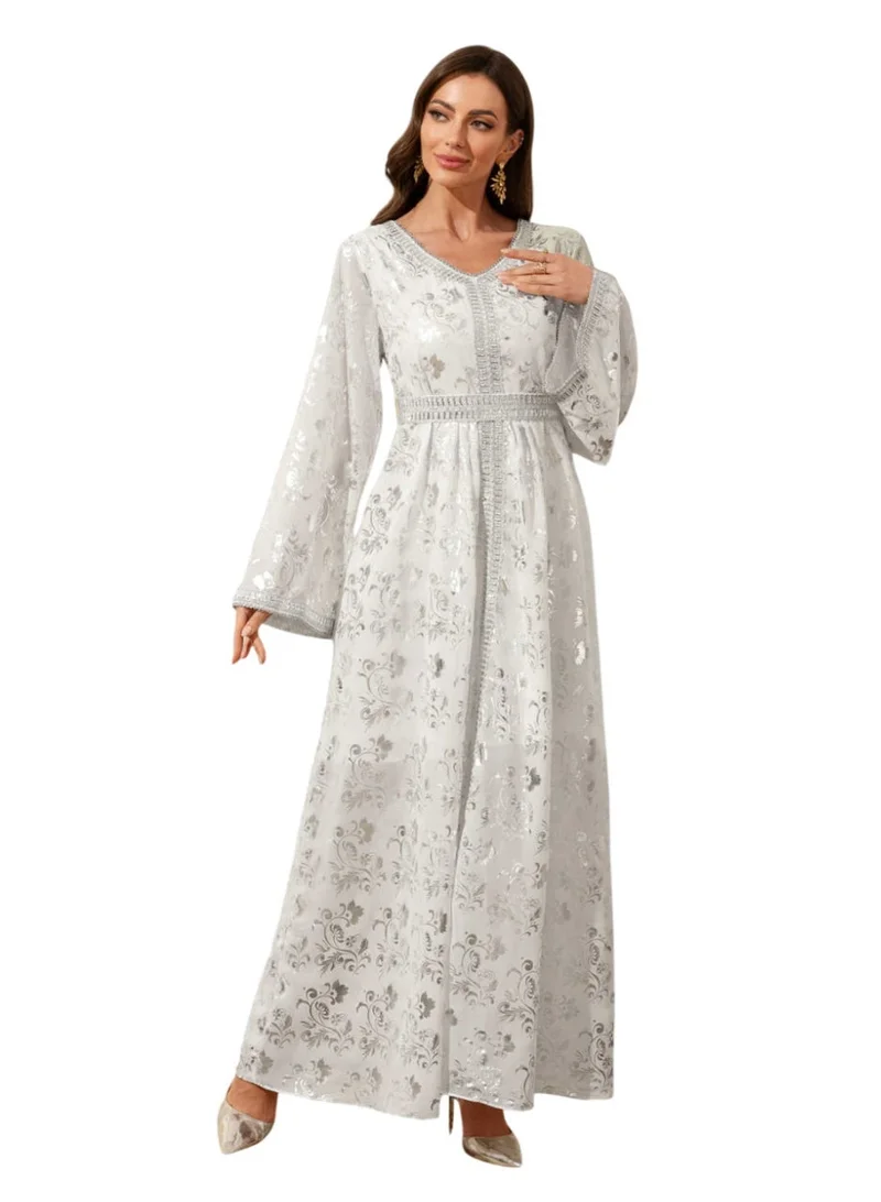 White and Silver Floral Jacquard Jalabiya