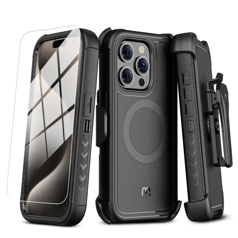 M MYBAT PRO Maverick Series for iPhone 15 Pro Max Case with Belt Clip Holster,[Compatible with Magsafe] w/Screen Protector,Anti-Drop,Shockproof,with 360Â°Rotating Kickstand,Heavy Duty Protection - Image 1